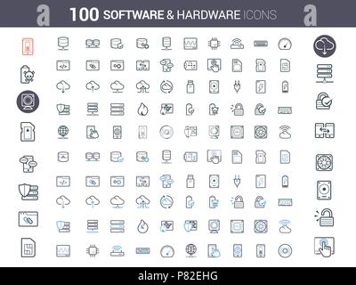 100 Simple et propre ligne vectorielle Configuration matérielle et logicielle d'icônes Illustration de Vecteur
