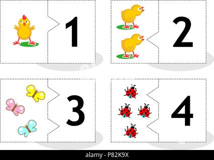 En savoir compter 2-partie puzzle cards pour découper et jouer, avec les poussins, les papillons, les coccinelles, les numéros 1 - 4 Illustration de Vecteur