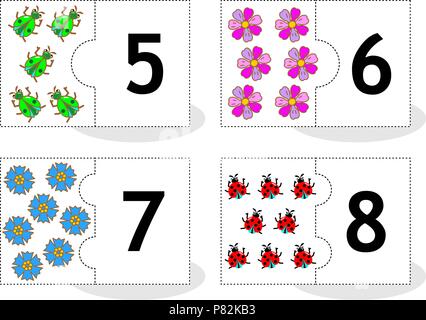 En savoir compter 2-partie puzzle cards pour découper et jouer, avec les coccinelles, fleurs, coccinelles, les numéros 5 - 8 Illustration de Vecteur