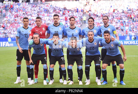 SAMARA, RUSSIE - le 25 juin : Matias Vecino, Fernando Muslera, Sebastian Coates, Rodrigo Bentancur, Edinson Cavani, Diego Godin, Diego Laxalt, Lucas Torreira, Nahitan Nandez, Martin Caceres et Luis Suarez de l'Uruguay pendant la Coupe du Monde FIFA 2018 groupe Russie un match entre l'Uruguay et la Russie à Samara Arena le 25 juin 2018 à Samara, en Russie. (Photo de Lukasz Laskowski/PressFocus/MO Media) Banque D'Images