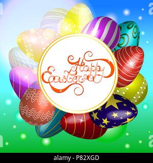 Vector illustration. Les oeufs de Pâques. L'inscription 'Joyeuses Pâques'. Carte. Fond bleu-vert. Illustration de Vecteur