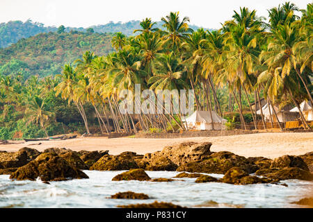 Plage magnifique et très reposant entouré par le vert des palmiers au coucher du soleil. Munnar, Kerala, Inde. Banque D'Images