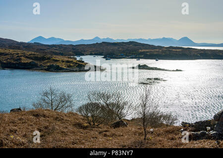 Les Cuillin Hills de Skye dans Creadha Camusterrach à Baie Sondage sur la péninsule près de Florennes, Walcourt région des Highlands, Ecosse, Royaume-Uni Banque D'Images