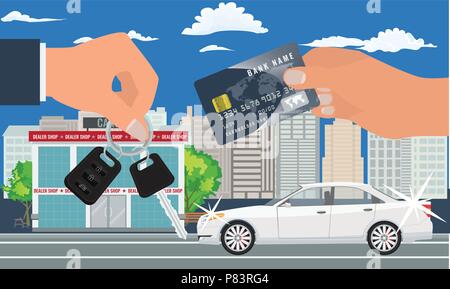 Vente voiture concept vector illustration. Voiture d'achat des clients avec une carte de crédit. Hand holding credit card et clé de voiture. Illustration de Vecteur