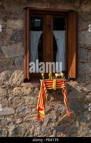 L'indépendance catalane de couleurs sur un foulard drapé sur une fenêtre de dialogue avec des tulipes jaunes en Llanars, Catalogne, Espagne Banque D'Images