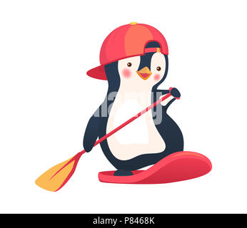 Penguin flottant sur le bord sup. Paddle board. Illustration de pingouin Banque D'Images