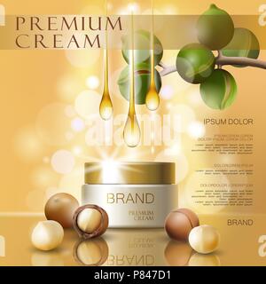 3D réaliste de l'huile de noix de macadamia cosmetic ad modèle. La lumière brillante rose crème sérum beauté maquette soins de la peau. Affiche promotionnelle fond modèle vector illustration Illustration de Vecteur