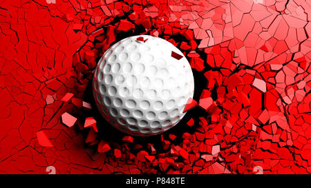 Concept sportif. Balle de Golf avec une grande force de rupture à travers un mur rouge. 3d illustration. Banque D'Images