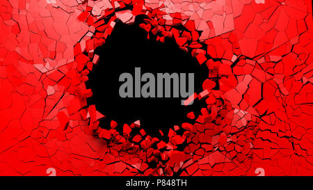 Mur brisé concept. Trou sur un mur rouge espace blanc cassé. 3d illustration Banque D'Images