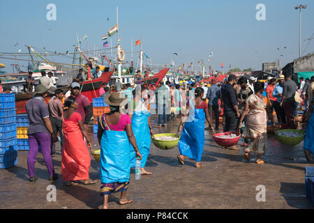 L'image de la femme à partir de poissons de Fisher à la jetée des bateaux à Mangalore, Inde Banque D'Images