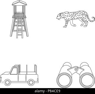 ,Afrique,aventure,bête,jumelles,voiture collection,loisirs,chasse,chasseur,icon,illustration,isolé,logo,leopard,la nature,les grandes lignes,observation,Safari,savanna,set,signer,tour,symbole vecteur,voyages,regarder,web,armes,wild, vecteurs vecteur , Illustration de Vecteur