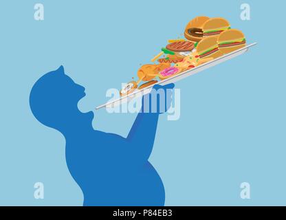 Gros homme essayer de manger toutes la malbouffe dans un temps de levage avec un bac. Illustration de Vecteur