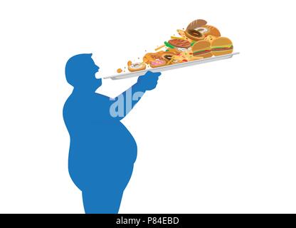 Fat Man essayez de manger beaucoup d'aliments vides dans un temps de levage avec un bac. Illustration de Vecteur