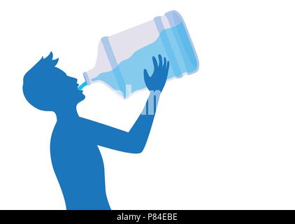 Silhouette of man sensation de soif, l'eau potable à partir de la grande bouteille Illustration de Vecteur