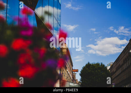 DUBLIN, IRLANDE - Juillet 7th, 2018 : détails sur King Street à Dublin avec l'accent sur le théâtre Gaiety inscrivez-shot de derrière une fleur installation avec bo Banque D'Images