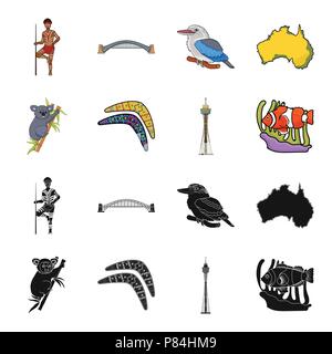 Koala sur le bambou, le boomerang, la tour de Sydney, le poisson clown et l'ammonium.L'Australie en passe d'icônes dans la collection black,cartoon style symbole vecteur stock illustrati Illustration de Vecteur