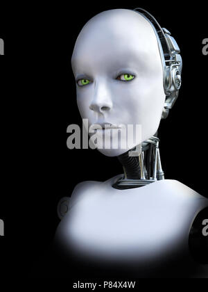 Face portrait d'une femme robot, rendu 3D. Fond noir. Banque D'Images