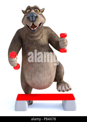 Le rendu 3D d'un charmant sourire, ours de dessin animé l'entraînement avec haltères et un pas vers le haut conseil. Arrière-plan blanc. Banque D'Images