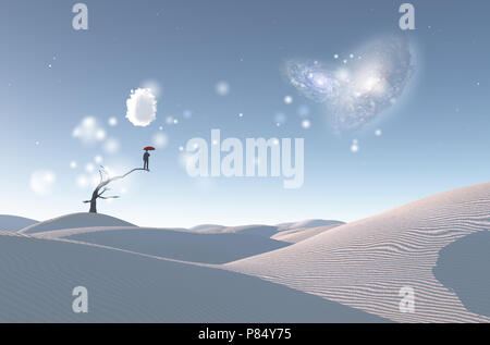 Désert blanc surréaliste avec arbre sec, des galaxies à l'horizon. Homme avec parapluie rouge se dresse sur un arbre sec. Banque D'Images