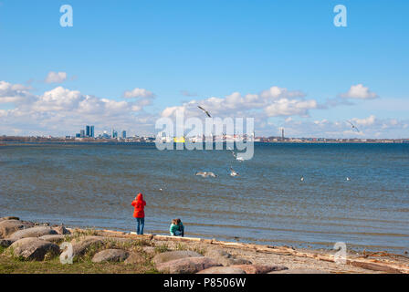 TALLINN, ESTONIE - 1 mai 2011 : Panorama de Tallinn. Vue de Pirita. Les enfants jouent sur la rive du golfe de Finlande Banque D'Images