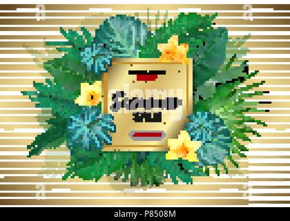 La vente. Vente d'été carré feuilles tropicales sur châssis toile à rayures d'or. Fleurs tropicales, plantes feuilles et contexte Illustration de Vecteur