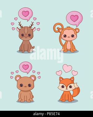 Icon Set d'animaux kawaii et coeurs sur fond bleu, vector illustration Illustration de Vecteur