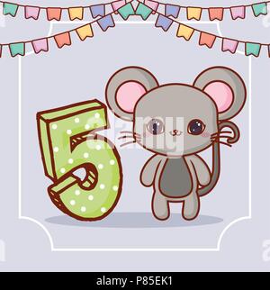 Joyeux anniversaire avec un singe mignon et le numéro cinq sur fond gris, design coloré. vector illustration Illustration de Vecteur