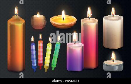 Stock vector illustration 3D réaliste set bougies isolé sur un fond à damier transparent. Flamme de bougie. Parfumées décoratives paraffi Illustration de Vecteur