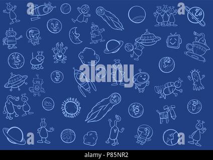 Cartoon Illustration d'objets spatiaux et de fantaisie Caractères ou d'arrière-plan en bleu Illustration de Vecteur