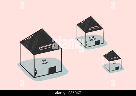 Les affaires et l'investissement dans la vente de maisons sur le marché de l'immobilier. Illustration conceptuelle. Il montre les maisons et bâtiments de véritable marché estatate Banque D'Images