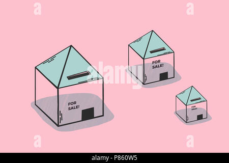 Maisons à vendre. Illustration conceptuelle minimaliste sur l'immobilier et l'investissement. Voir les maisons à vendre. Les couleurs rose et bleu d'encre. Banque D'Images