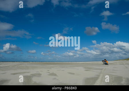 Vogelaar zittend op het strand rencontré telescoop ; observateur assis à plage avec telescope Banque D'Images