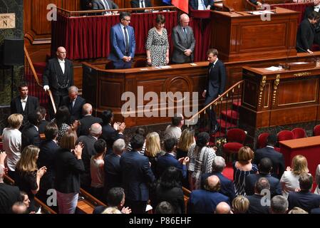 Versailles, France. 09 juillet 2018. Le président français, Emmanuel Macron prononce un discours devant le Congrès national, qui comprend à la fois des représentants de l'Assemblée nationale et du Sénat. Le président francais Emmanuel Macron s'adresse au Congrès. *** FRANCE / PAS DE VENTES DE MÉDIAS FRANÇAIS *** Crédit : Idealink Photography/Alamy Live News Banque D'Images