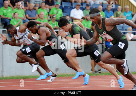 Stadion Allmend, Lucerne, Suisse. 09 juillet 2018. Spitzen Leichtathletik Luzern Athlétisme ; Michael Rodgers (USA), Su Bingtian (CHN), Isiah Young (USA) et YOHAN BLAKE (JAM) en action au cours de l'Action Crédit : 100m Plus Sport/Alamy Live News Banque D'Images