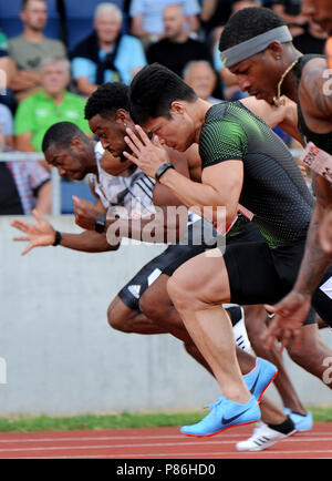 Stadion Allmend, Lucerne, Suisse. 09 juillet 2018. Spitzen Leichtathletik Luzern Athlétisme ; Michael Rodgers (USA), Su Bingtian (CHN), Isiah Young (USA) et YOHAN BLAKE (JAM) en action au cours de l'Action Crédit : 100m Plus Sport/Alamy Live News Banque D'Images