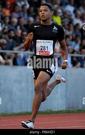 Stadion Allmend, Lucerne, Suisse. 09 juillet 2018. Spitzen Leichtathletik Luzern Athlétisme ; Leon Reid (GBR) en action au cours de la 200m masculin : Crédit d'événements Plus Sport Action/Alamy Live News Banque D'Images