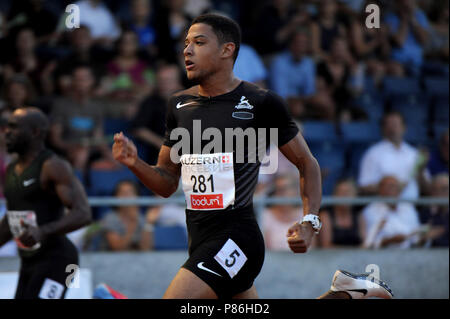 Stadion Allmend, Lucerne, Suisse. 09 juillet 2018. Spitzen Leichtathletik Luzern Athlétisme ; Leon Reid (GBR) en action au cours de la 200m masculin : Crédit d'événements Plus Sport Action/Alamy Live News Banque D'Images