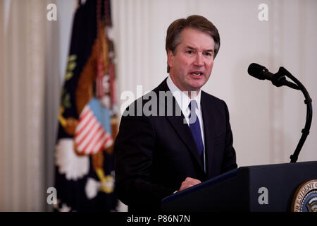 Washington, DC, USA. 09 juillet 2018. Juge Brett Kavanaugh parle après le président américain Donald Trump a annoncé le candidat à la Cour suprême à la Maison Blanche à Washington, DC, États-Unis, le 9 juillet 2018. Le Président américain Donald Trump dans la nuit de lundi, nommé juge de la cour d'appel fédérale conservateur Brett Kavanaugh à la Cour Suprême de Justice pour réussir Anthony Kennedy, qui prendra sa retraite fin du mois. Credit : Ting Shen/Xinhua/Alamy Live News Banque D'Images