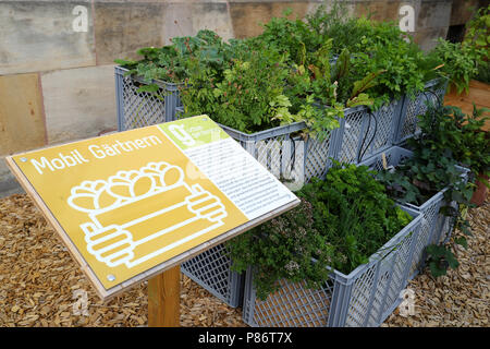 09 juillet 2018, l'Allemagne, Erlangen : un spectacle pour 'jardin' de jardinage urbain à l'Amt für Ernährung, Landwirtschaft und Forsten (AELF) (lit. Office de l'alimentation, l'Agriculture et de la forêt) présente dans jardinage mobile grille plastique boîtes. Voir les jardins pour 'Jardins urbains" sont prévues dans toute la Bavière à partir de 2019. Photo : Daniel Karmann/dpa Banque D'Images