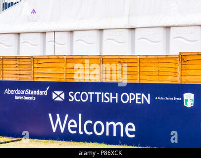 Investissements Standard Aberdeen Scottish Open Golf Championship derniers préparatifs, Gullane, East Lothian, Ecosse, Royaume-Uni, le 10 juillet 2018. La phase finale des préparatifs en cours pour la 5ème tournée européenne à la série Rolex Golf Gullane en préparation pour le début du championnat du 12 au 15 juillet. La bannière de bienvenue Banque D'Images