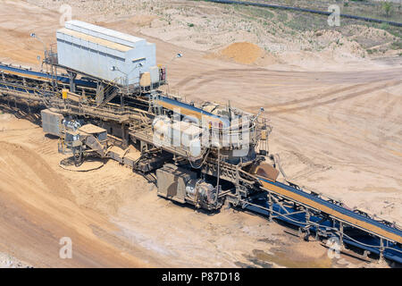 Paysage à ciel ouvert de lignite avec courroie de transport en Allemagne Banque D'Images