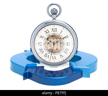 Montre de poche avec des flèches bleues. Concept de gestion du temps, rendu 3D isolé sur fond blanc Banque D'Images