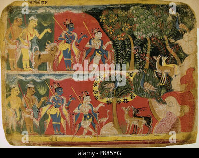 5 maîtres de la Bhagavata Purana dispersés. Krishna et Balarama en tenant le bétail pâturer folio d'un manuscrit Bhagavata Purana 1520-40. Museum Rietberg, Zurich. Banque D'Images