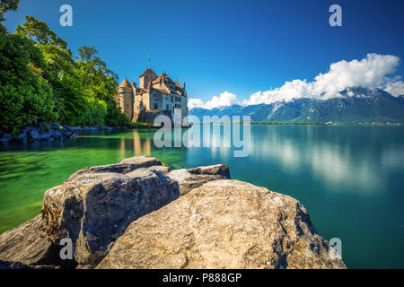 VEYTAUX, SUISSE - juin1, 2018 - Célèbre château de Chillon au bord du Lac Léman, près de Montreux, Suisse, Europe. Banque D'Images