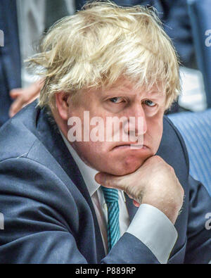 Le ministre britannique des affaires étrangères, Boris Johnson participe à une réunion du Conseil de sécurité des Nations Unies sur la Corée du Nord en 2017. Johnson a démissionné le 9 juillet, 2018 suis Banque D'Images