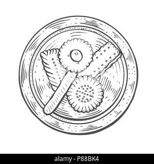 Faites à la main. Douceurs orientales illustration vectorielle. Moyen-orientaux. Arrière-plan de menu alimentaire. vue d'en haut. Modèle de conception de Monochrom. Illustration de Vecteur