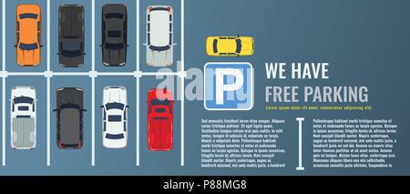 Ville de parking, avec un groupe de voitures différentes en vue d'en haut. Parking public. Vector illustration pour la télévision ou web bannière de l'affiche. Illustration de Vecteur