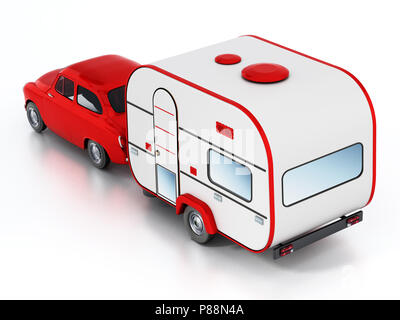 Vintage rouge voiture avec caravane. Isolé sur fond blanc. 3D illustration. Banque D'Images