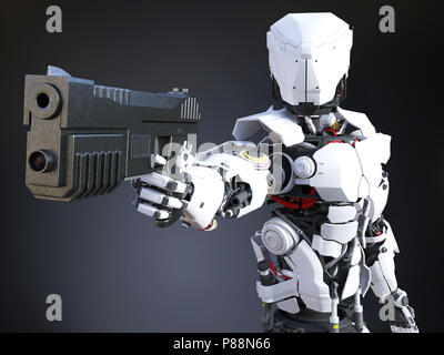 Le rendu 3D d'un robot futuriste ou d'un soldat de la police brandissant une arme à feu. Fond sombre. Banque D'Images