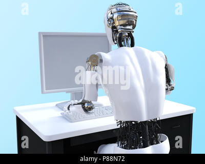 Vue arrière d'un homme robot assis et travailler avec un ordinateur, rendu 3D. Fond bleuâtre. Banque D'Images